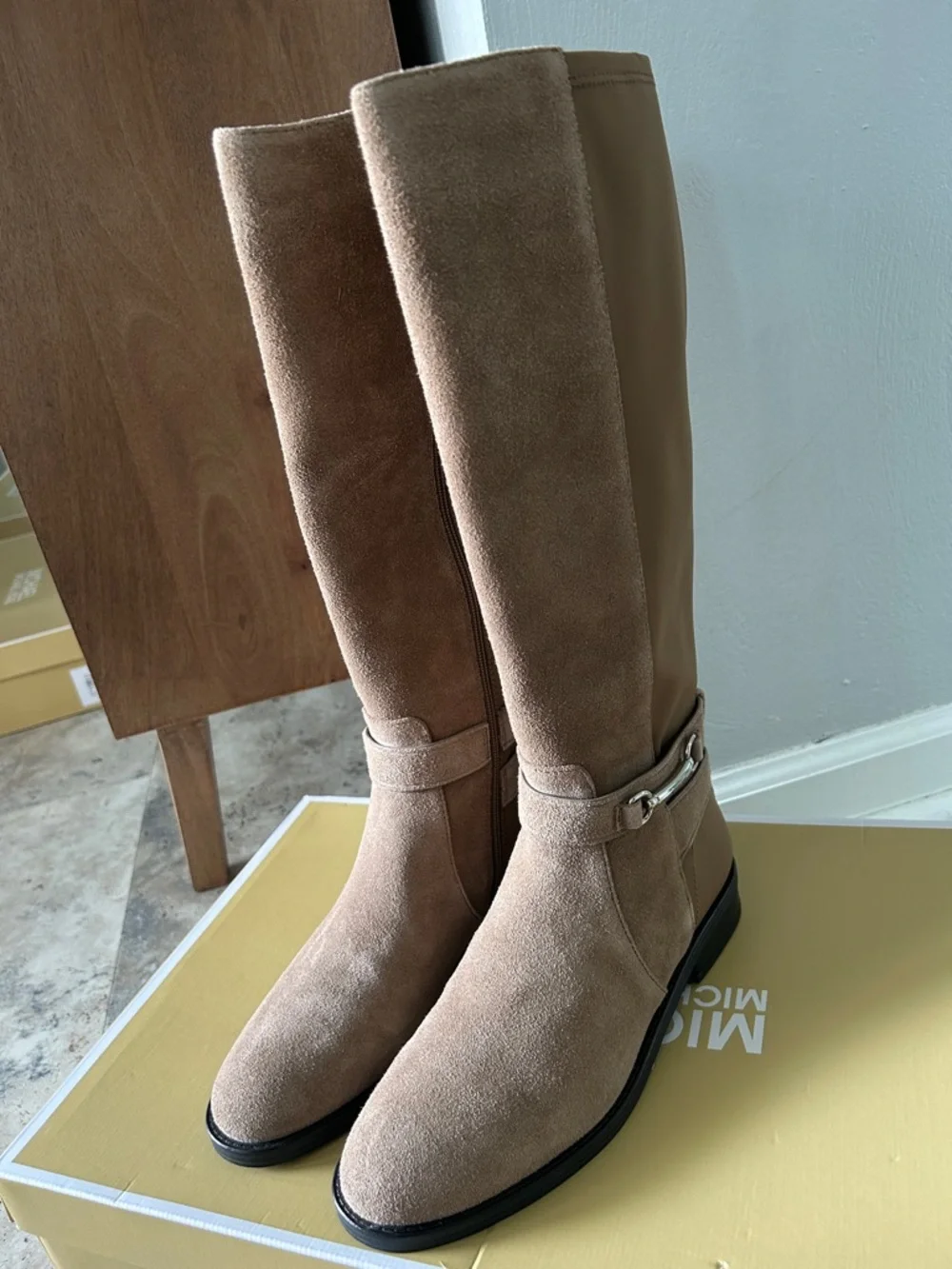Michael Kors Carson flat‎ Tall Suede Riding Boots in Driftwood